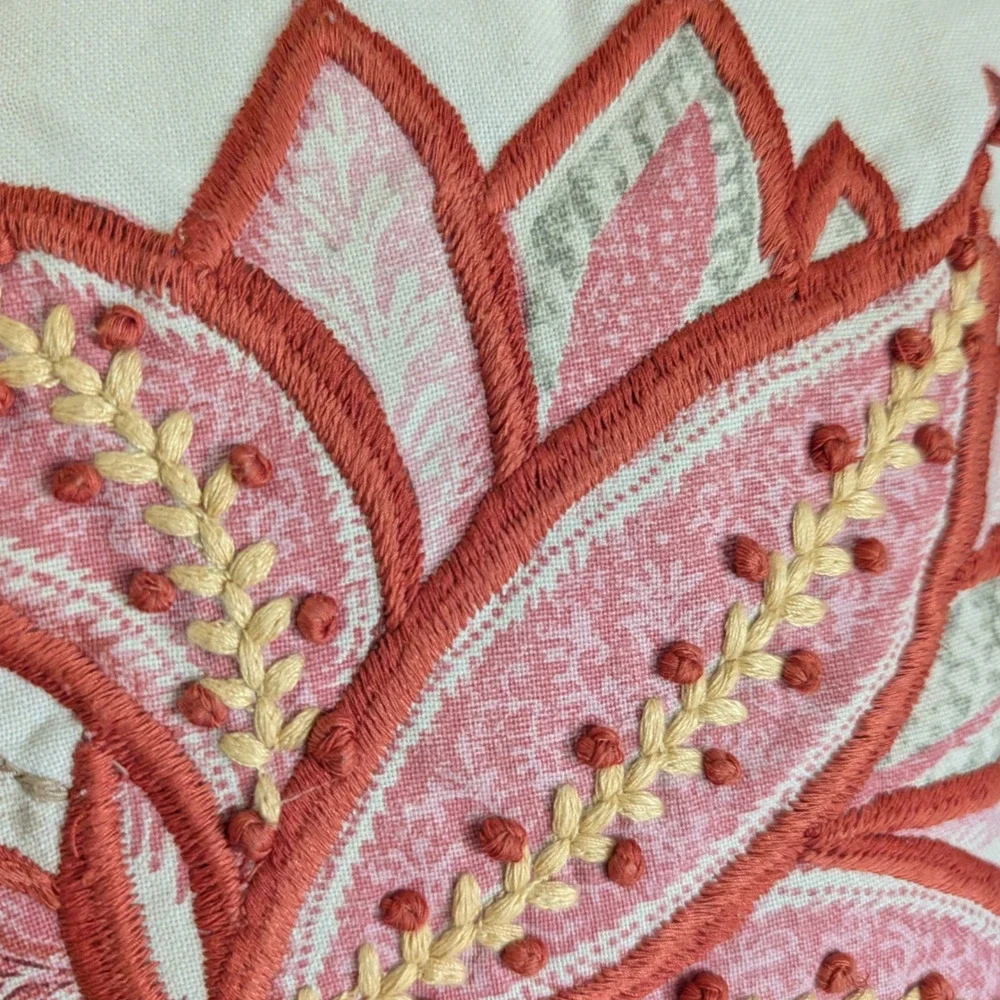 Pottery Barn Beige Floral Embroidered Lumbar Throw Pillow with Down Insert
